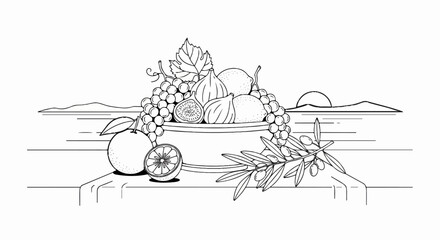 Obraz premium Still life of assorted fruits and olives on a table by the sea