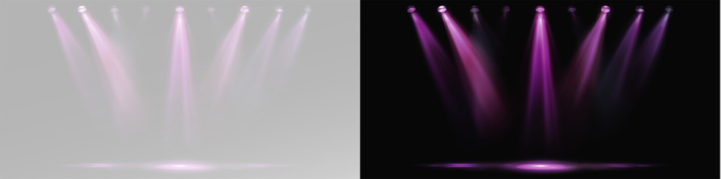 Pink lights and LED spotlights neon for concert stage. Realistic performance or disco lighting with glowing pink beams and reflections on transparent background overlay purple glow png