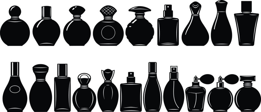 Perfume bottle silhouette collection set of vintage and modern fragrance containers isolated vector illustration for cosmetic beauty branding design