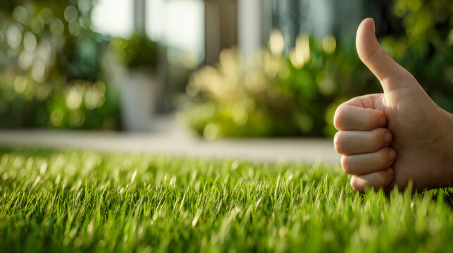 Thumbs up gesture on green grass near a house during daytime with sunlight shining on the scene