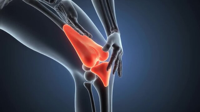 A 3D rendered human arm, hand, and upper arm anatomy, with illuminated musculature shown