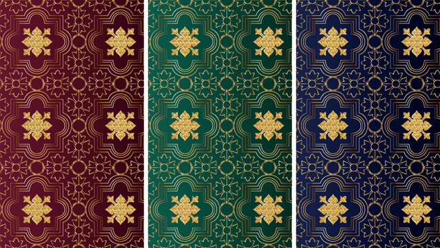 Luxury gold geometric seamless pattern set with glitter elements, elegant moroccan trellis ornament in burgundy emerald and navy blue, royal arabic vector for premium decor and packaging