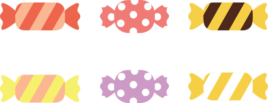 Colorful wrapped candy assortment with striped and polka dot patterns sweet confectionery cartoon vector illustration set