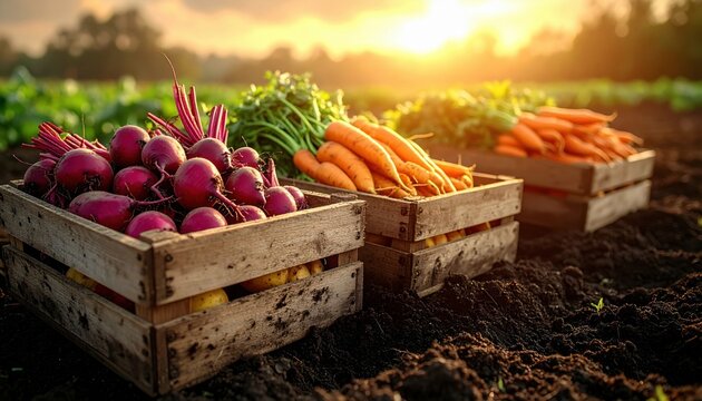 Carefully arranged variety of vibrant root vegetables like carrots, potatoes, and beets in rustic wooden crates on a farm field at sunset, a high-resolution photograph.