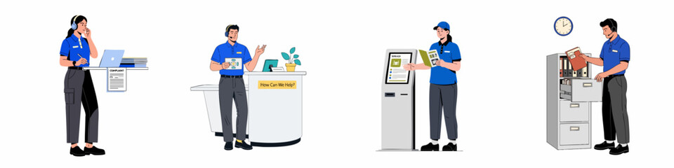 Customer Service and Support Roles Illustration Set: Call Center, Help Desk, Self-Service Kiosk, and Administrative Tasks for Business Operations