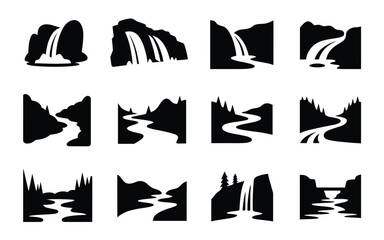 Collection of black silhouette icons depicting various waterfall scenes mountains and rivers in different landscapes © loveley0190
