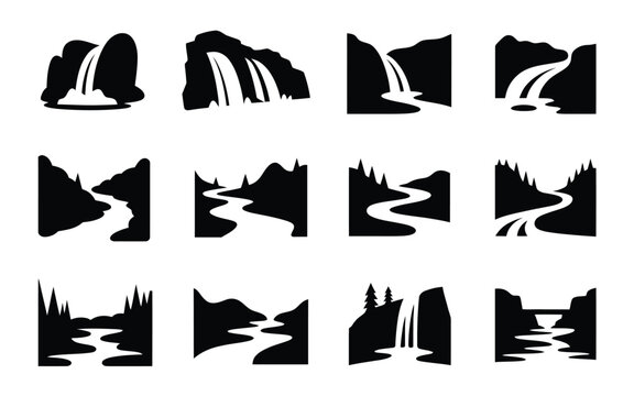 Collection of black silhouette icons depicting various waterfall scenes mountains and rivers in different landscapes