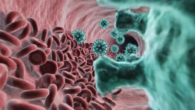 Virus Cell Interacting with Human Cells in Bloodstream, Medical Infection Concept