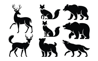 Black silhouettes of various wild animals including deer bears wolves and foxes on a white background for design and educational use