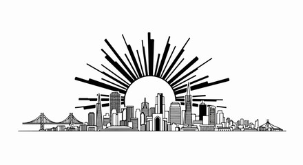 Naklejka premium Stylized city skyline with a radiant sunburst behind the skyscrapers