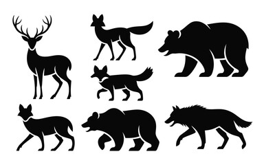 Silhouettes of forest animals including deer bear wolf and fox walking in various directions on white background
