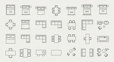 Floor plan sketches of various furniture arrangements and layouts for interior design.