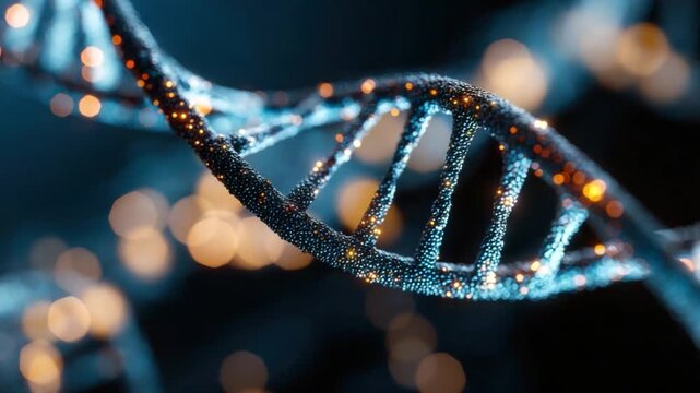 DNA Helix: A close-up view of a shimmering DNA helix, its intricate structure and glowing particles against a blurred background, inviting exploration into the essence of life