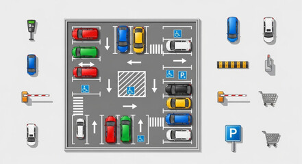 Parking lot with various cars and parking spaces, top view, road markings.