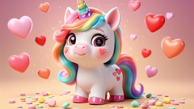 Adorable cartoon unicorn with rainbow mane surrounded by floating hearts and candy