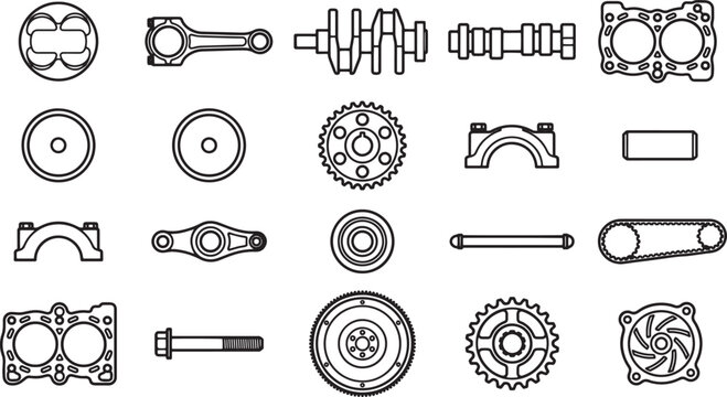 Automotive engine parts arranged in a precise pattern, illustrating an exploded view for a technical or educational context.