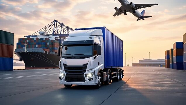 Global logistics network with cargo ship, truck, and airplane at sunset