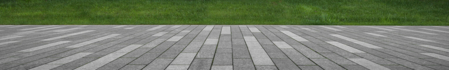Fototapeta premium Green lawn and road surface from paving slabs in backyard. Gray color tiles floor, strip line concrete pavement and green grass carpet lawn. Concrete paving with tiles Green bush and cut grass in park