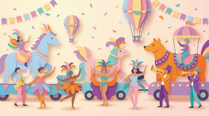 Obraz premium Colorful Carnival Parade Paper Cut Illustration