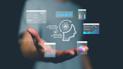 Hand presenting holographic AI interface with data dashboards and analytics charts, artificial intelligence concept for business automation, machine learning and digital transformation technology.