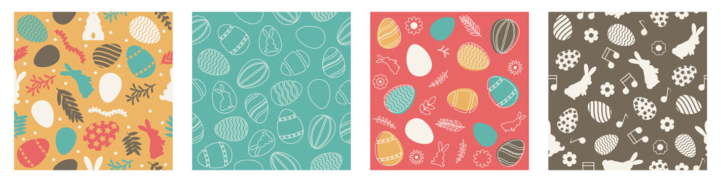 Seamless easter patterns collection in pastel palette. Decorative holiday backgrounds with eggs and rabbits. Modern spring textures