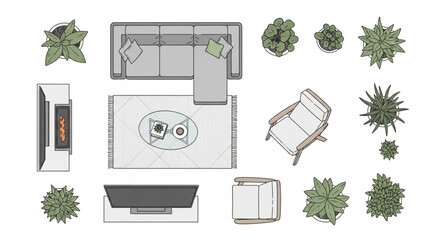 Top-down view of a modern living room with furniture and plants.