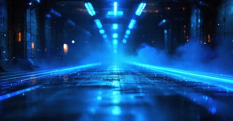 Fototapeta premium Futuristic tunnel glows with bright blue light. Vapor obscures distant details, creating dramatic perspective. Dark walls frame intense illumination.