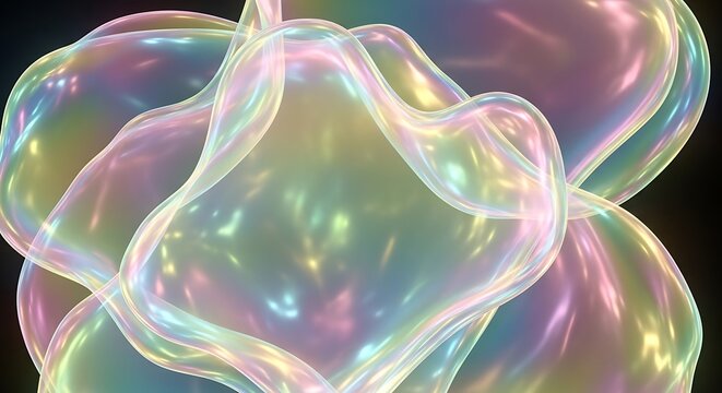Abstract cgi image of vibrant iridescent soap bubbles floating against dark background