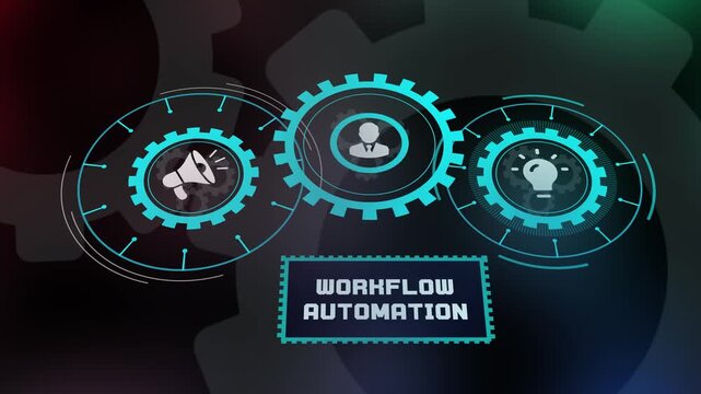 Industrial workflow automation concept with megaphone and bulb icons inside digital cogwheels for efficiency.