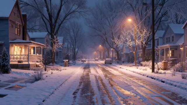 quiet American suburban street night after snowfall, icy roads glistening moonlight, snow-covered houses warm street lamps, frost-covered trees sparkling, thin mist curling along street, footprints