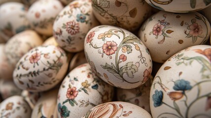 Beautifully decorated Easter eggs with intricate floral patterns and pastel colors, perfect for adding a touch of elegance to seasonal and festive projects