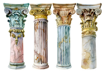 Obraz premium Elegant watercolor illustrations of decorative ancient column tops for artistic design