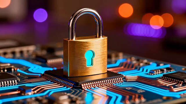 Golden padlock on circuit board