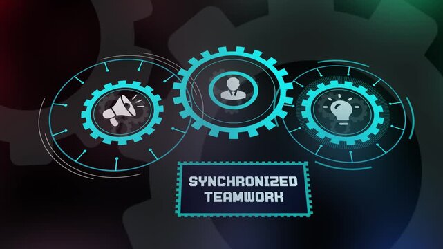 Abstract synchronized teamwork visualization featuring interconnected rotating gears for corporate strategy and unity.
