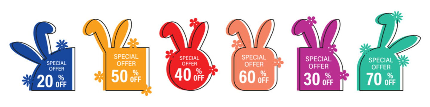 Special offer easter bunny badges collection. Colorful discount shapes with percentage text. Spring promotional elements isolated