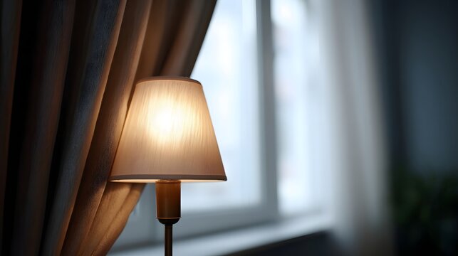 A warmly lit lampshade stands beside a heavy curtain with a soft bright window in the blurred background