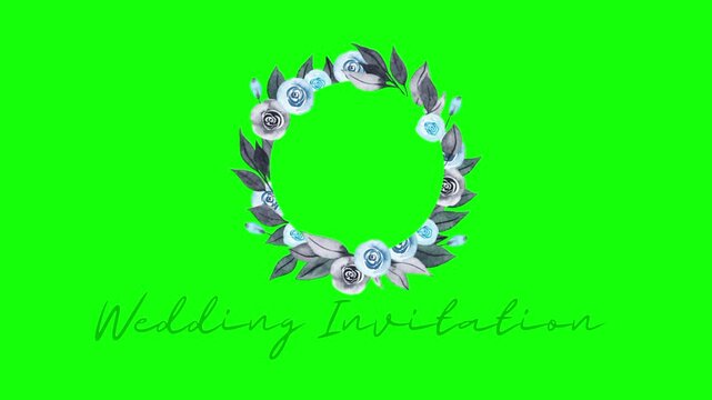 Wedding invitation text animation concept with floral flower frame vector icon symbol popup. Animated black word design, editable lettering motion graphic video template with green screen background.
