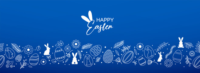 Plakat Happy easter banner with hand drawn icons. White outline elements on blue background. Festive spring greeting composition
