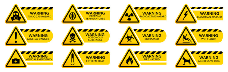 Triangle warning icons collection with hazard symbols. Safety alert labels in yellow style. Industrial danger set © top dog