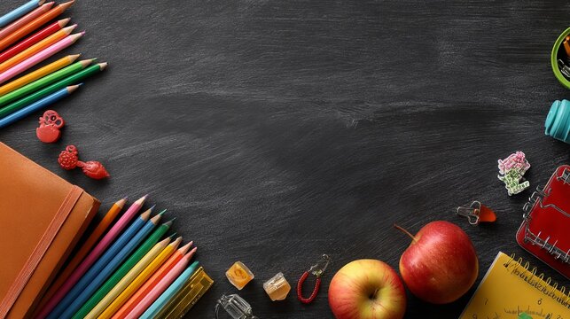 Creative School Supplies and Back to School Theme on Chalkboard Background with Colorful Pencils and Apple