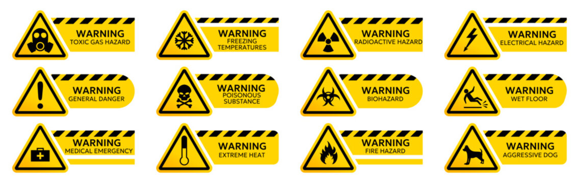 Triangle warning icons collection with hazard symbols. Safety alert labels in yellow style. Industrial danger set