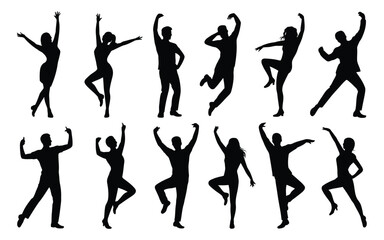 Collection of diverse people dancing in various poses and movements in black silhouette on white background