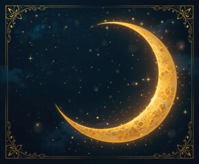Fototapeta premium Beautiful crescent moon glowing in a starry night sky with decorative border and sparkles