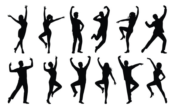 Collection of diverse people dancing in various poses and movements in black silhouette on white background
