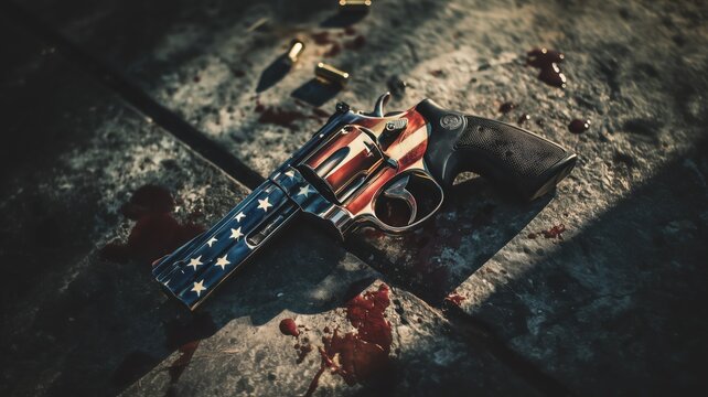 Striking image of a revolver with an American flag design, dramatic lighting, and powerful symbolism representing American gun culture