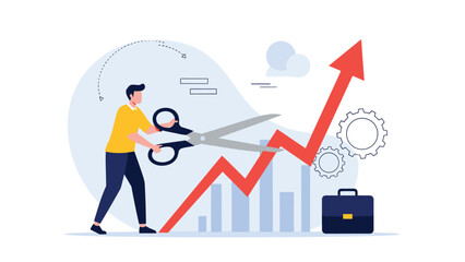 Ambitious professional using giant scissors to cut a rising red financial graph representing aggressive cost cutting strategies.