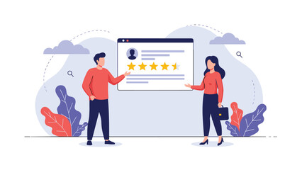 Man and woman showcasing a large digital rating card with five stars for excellent customer service feedback.