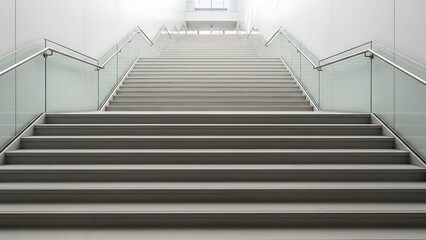 Fototapeta premium Architectural stairway design with glass railings in minimalist structure