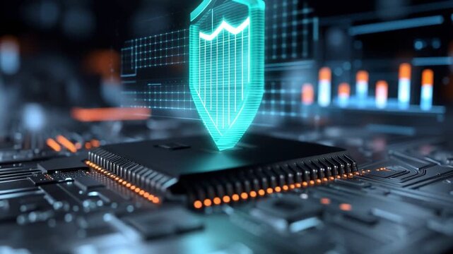 A close-up of a microprocessor with a glowing shield symbol, representing digital security and protection in the technology field. Ideal for tech-related projects and articles.