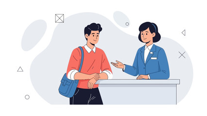 Customer Service Interaction: Man at Reception Desk Talking to Employee